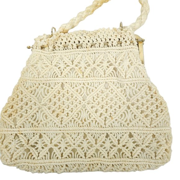 Vintage Crochet Handbag AS-IS READ Rope Handle Boho Purse Clasp Closure Cream - Picture 10 of 11
